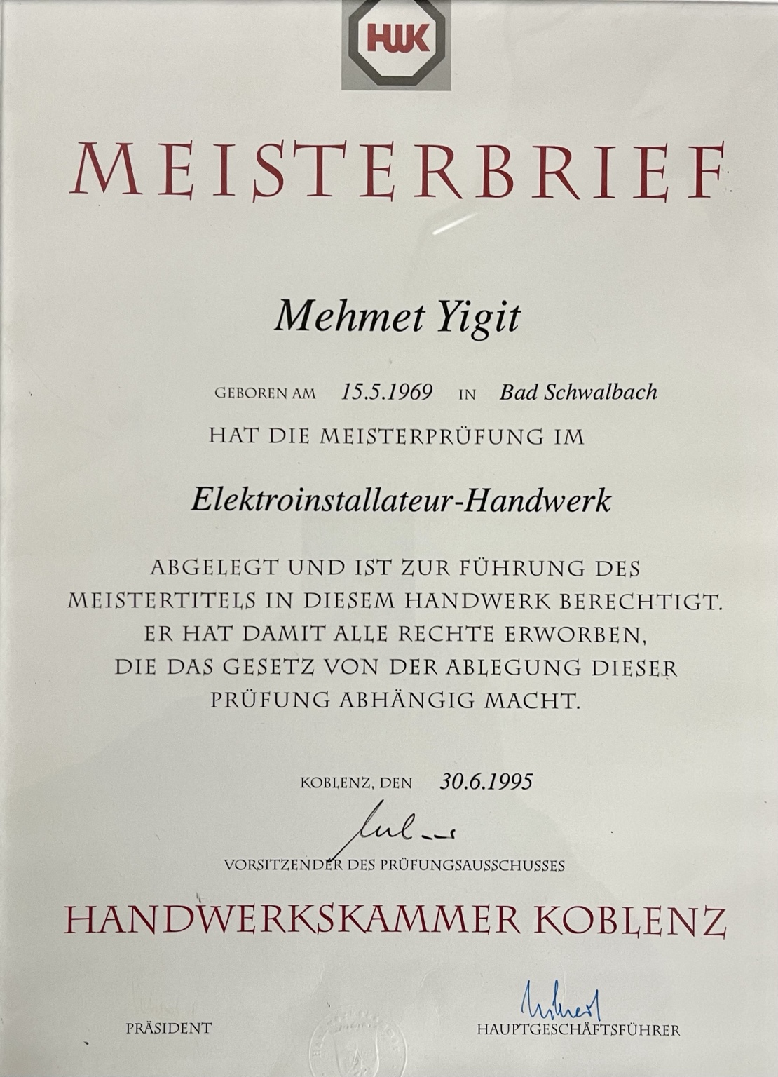 Meisterbrief Mehmet Yigit