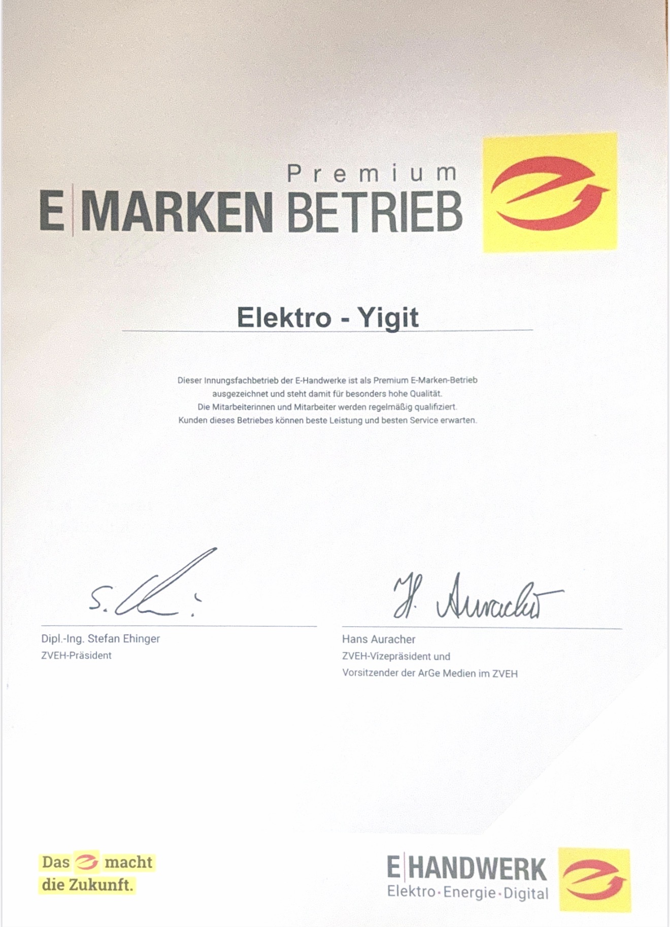 Zertifikat Premium E-Marken-Betrieb Elektro Yigit